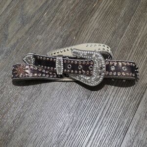 Blazin Roxx Genuine Leather Brown Glitz Tooled Rhinestone Western Belt Sz Large